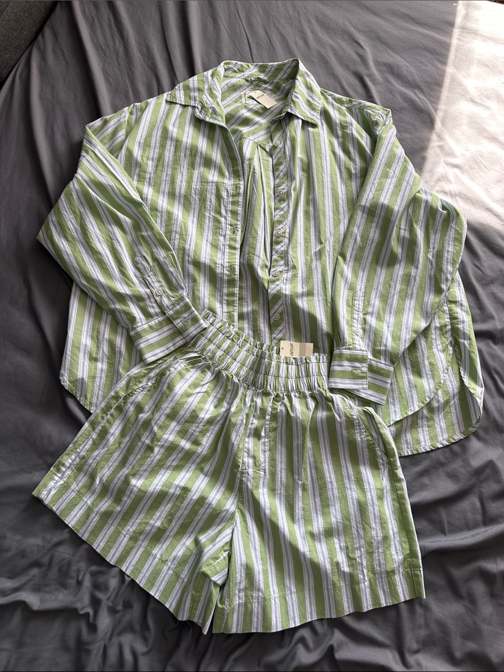 aerie Green and White Striped Button-Down Shirt and shorts